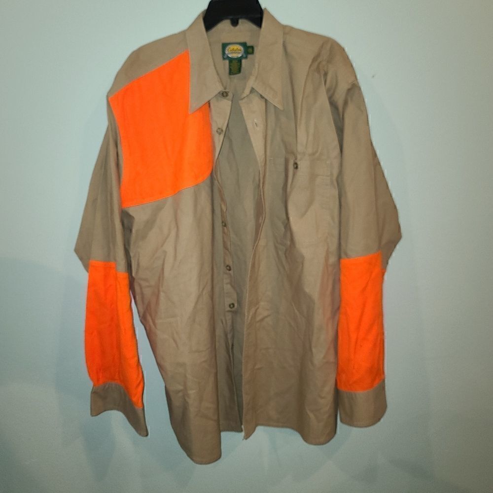 Vintage Cabelas Orange/Tan Shooting Hunting Button Down Shirt Large 2XLT - LS135